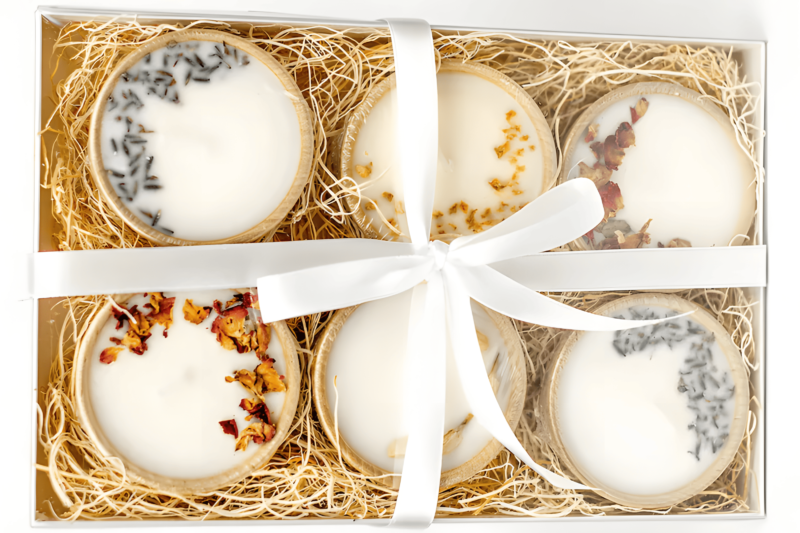 combining soy wax and dried flowers in eco-friendly wooden cups