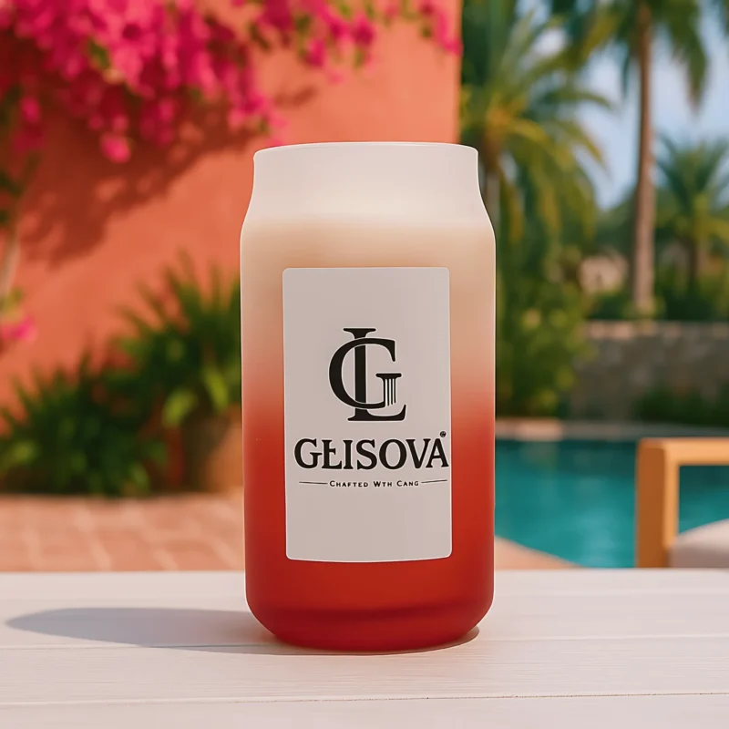 GLISOVA Offshore scented soy candle in red ombre jar.