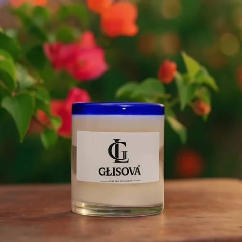 GLISOVA artisan candle with a blue rim in a home setting