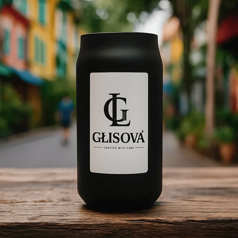 Lifestyle image of a GLISOVA candle on a wooden table with flowers.