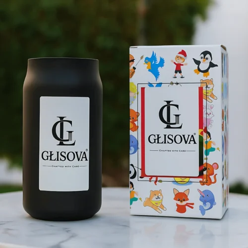 Lifestyle image of a GLISOVA candle on a wooden table with flowers