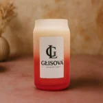 Ombre red and white candle jar with GLISOVA logo