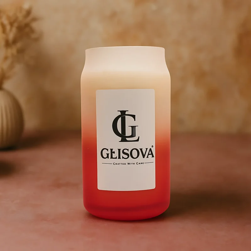 Ombre red and white candle jar with GLISOVA logo