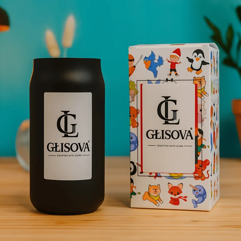 Minimalist black candle jar with the GLISOVA brand logo