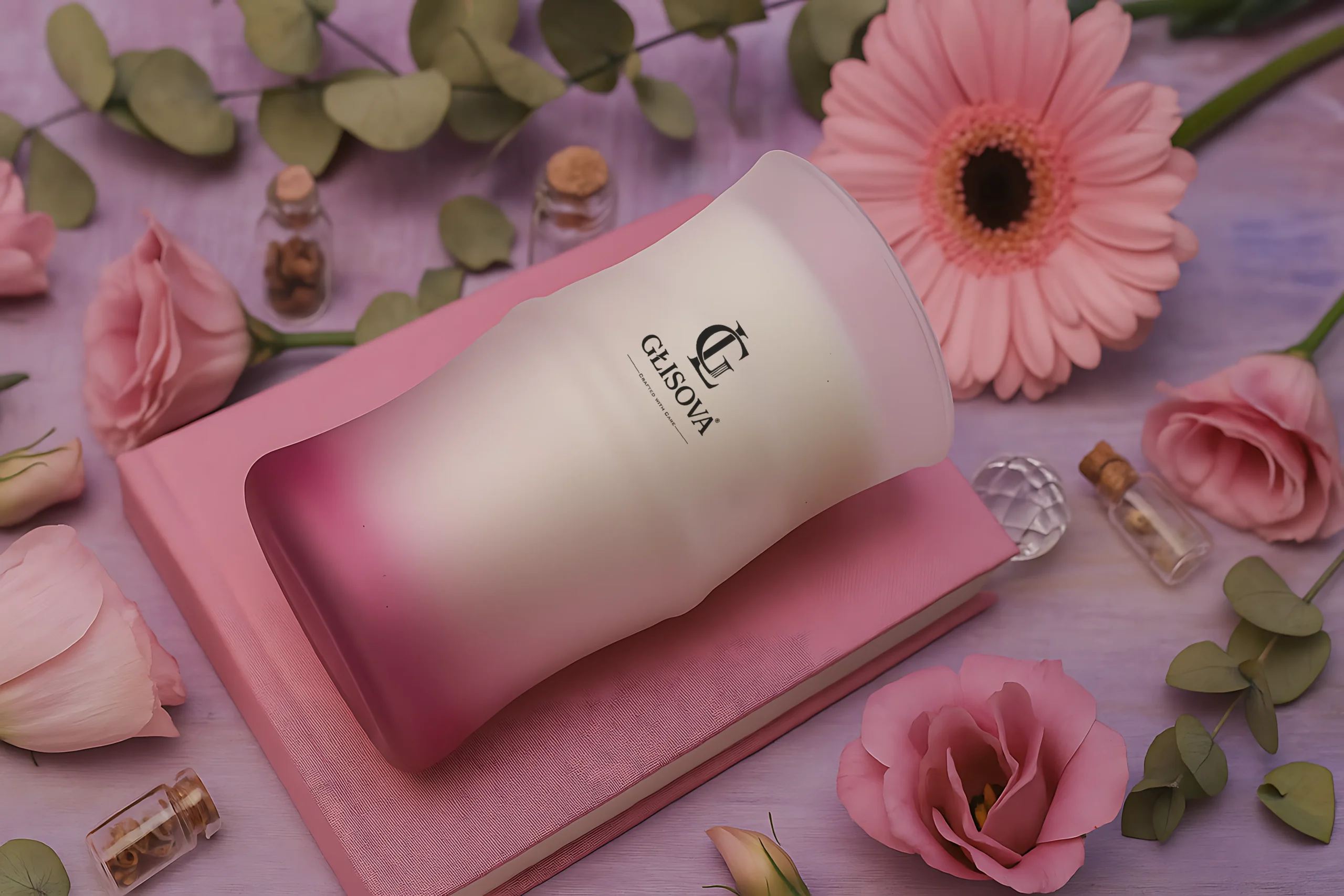 GLISOVA Aura Collection candle on a checkered tablecloth in a garden at sunset