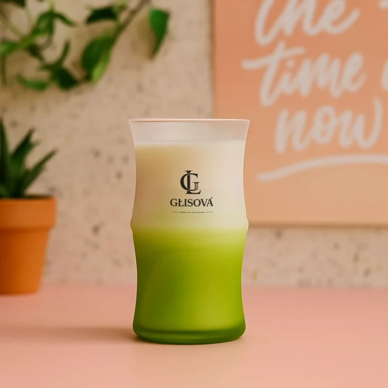 GLISOVA Aura Collection soy candle in a frosted green ombre jar