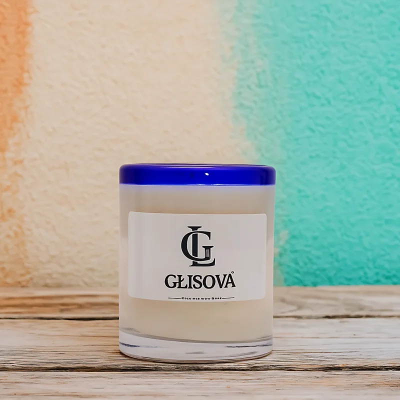 GLISOVA Horizon Collection soy candle with a cobalt blue rim