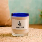 GLISOVA Horizon Collection soy candle with a cobalt blue rim.