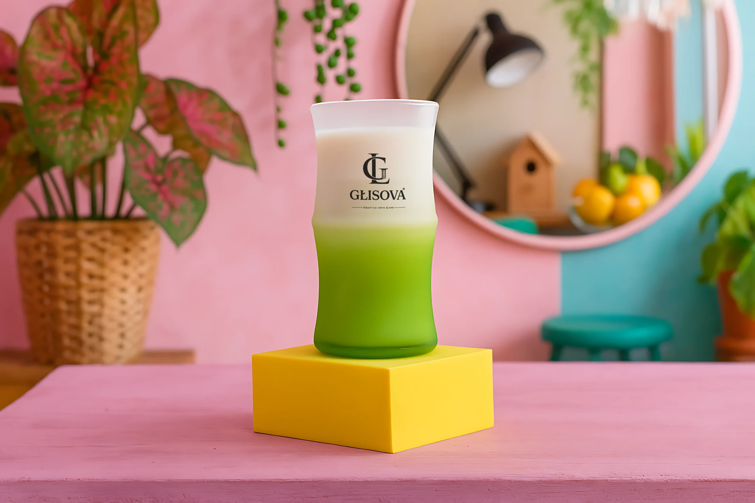 GLISOVA artisan candle in a bamboo-style vessel surrounded by houseplants
