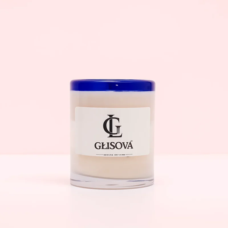 GLISOVA artisan candle with a blue rim in a home setting