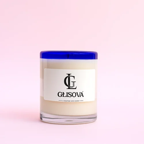 GLISOVA artisan candle with a blue rim in a home setting