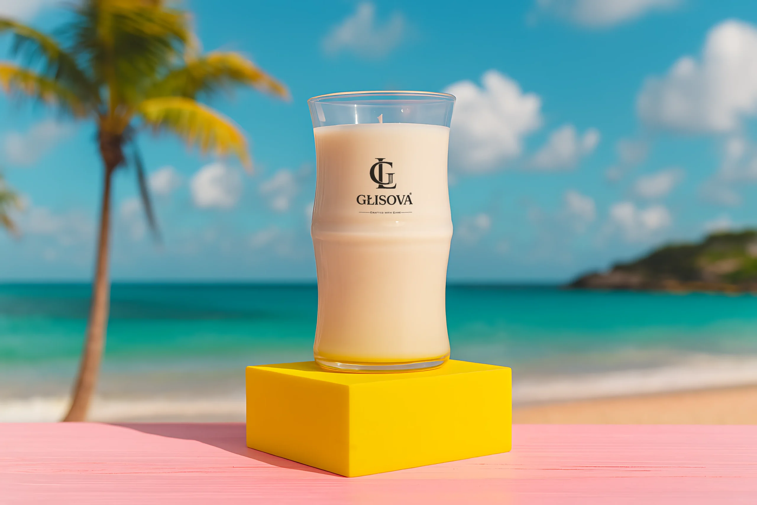 GLISOVA artisan candle with a fresh, aquatic scent in a home setting