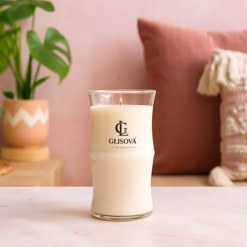 Hand poured natural soy wax candle on a pink table with floral art