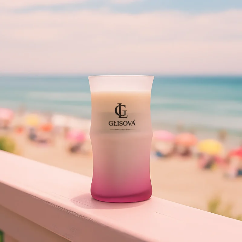 Luxury scented candle 'Desert Bloom' on a pink table in a vibrant patio setting