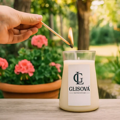 Luxury scented candle 'The Alpinist' on a textured pink background.