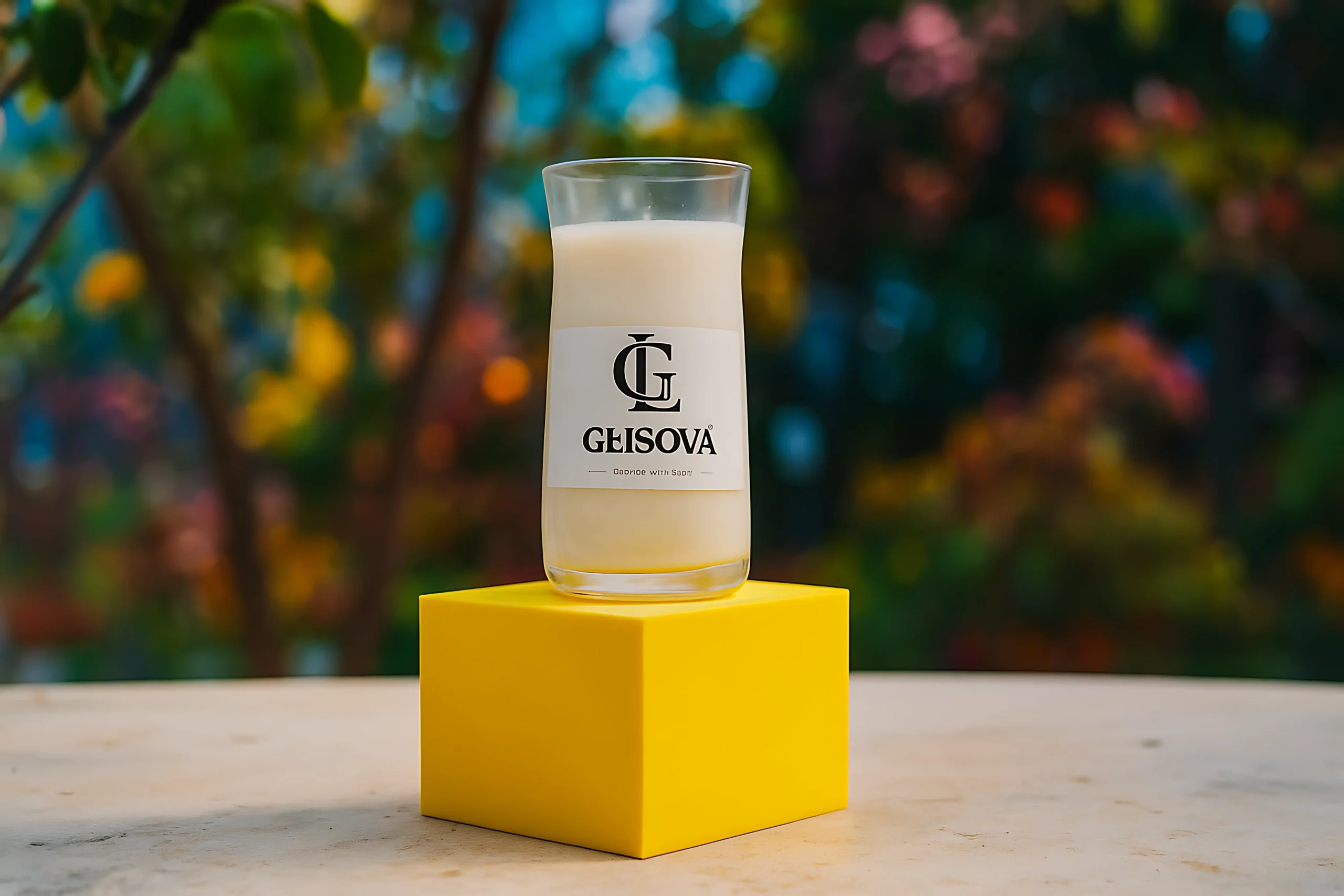 Two GLISOVA candles displayed on a white pedestal with plants